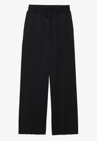 Pantalon noir à jambes larges avec une taille élastique et un cordon de serrage, offrant une coupe décontractée et des ourlets droits.