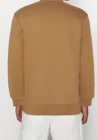 Sudadera marrón con escote redondeado y mangas largas. Confeccionada con tela suave, presenta un dobladillo y puños acanalados. Diseño sencillo, sin estampados.