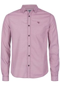 Rood geometrisch gemusterde langekoolshirt, met knopen en een puntige kraag en zwarte knopen, met een klein geborduurd logo op de borst.