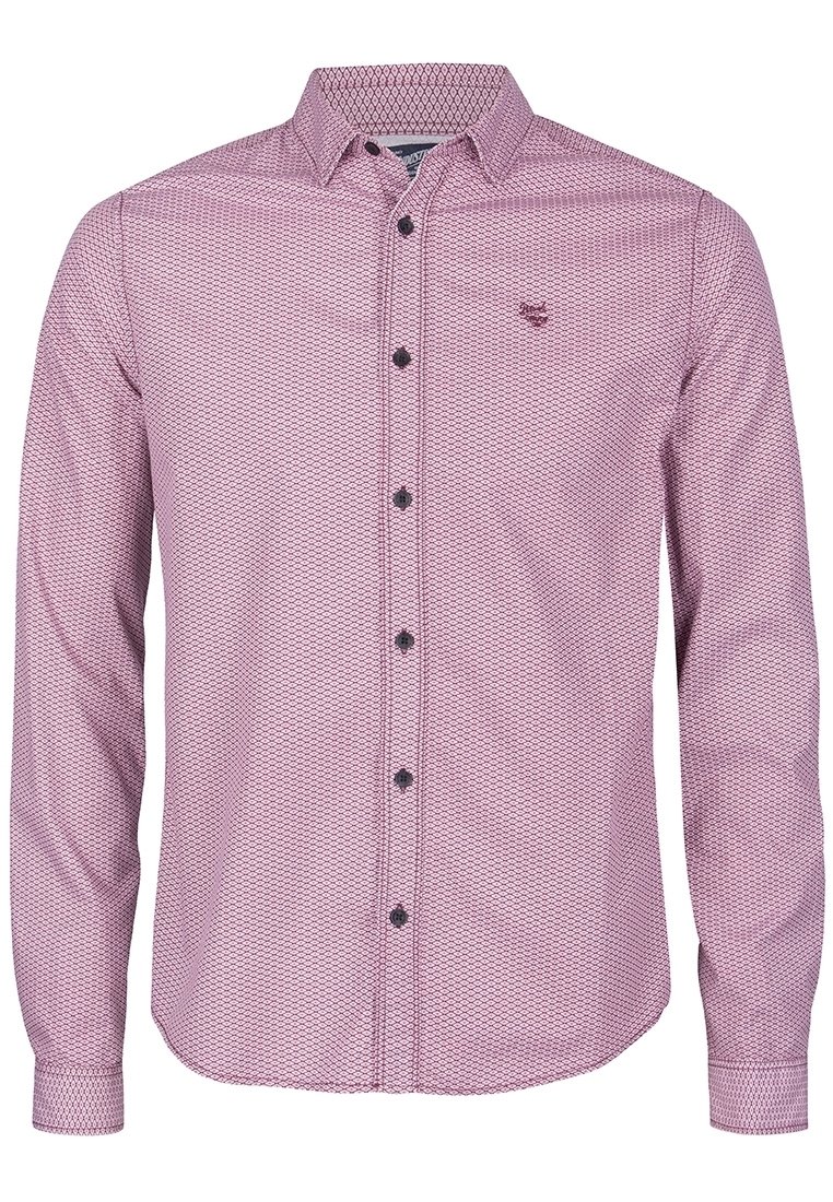 Rood geometrisch gemusterde langekoolshirt, met knopen en een puntige kraag en zwarte knopen, met een klein geborduurd logo op de borst.