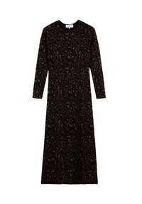 Vestido largo marrón con un patrón de estampado de leopardo, con mangas largas y un escote redondo. Hecho de una tela suave y con textura.