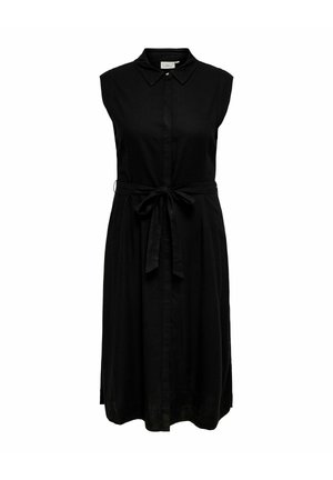 Rochie midi neagră fără mâneci, cu guler, nasturi în față și curea din material legată în talie.