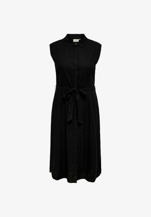 Ärmelloses schwarzes Midikleid mit Kragen, durchgehender Knopfleiste vorne und Stoffgürtel, der an der Taille gebunden ist.