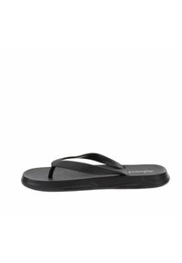 Chancla negra con superficie texturizada, hecha de goma. Presenta un diseño de tiras en forma de V, suela ligera y estética minimalista.