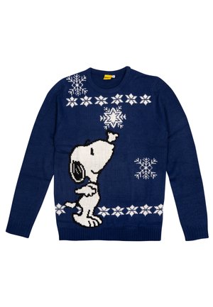 Dunkelblauer Strickpullover mit einem Snoopy-Print, der mit weißen Schneeflocken und Sternen verziert ist. Rundhalsausschnitt, lange Ärmel, strukturiertes Material.