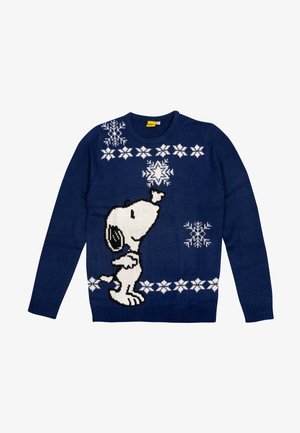 Maglione a maglia blu navy con grafica di Snoopy circondata da fiocchi di neve e stelle bianchi. Collo rotondo, maniche lunghe, tessuto testurizzato.