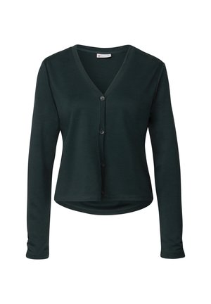 Dark green long-sleeve cardigan with a V-neck, featuring a button-down front, soft fabric, and a slightly rounded hem at the waist.