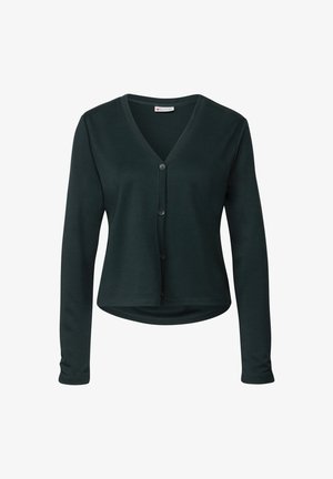 Cardigan long vert foncé à manches longues et col en V, avec un devant à boutons, en tissu doux et une taille légèrement arrondie.