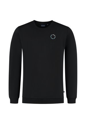Zwarte sweatshirt met lange mouwen en een ronde hals. Voorzien van een klein blauw cirkelvormig logo op de borst. Gemaakt van een gladde stof.