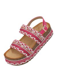 Roze platform sandaal met drievoudige gevlochten banden, metallic accenten en een kurkachtige basis. Textuurzool voor grip, verstelbare enkelband.