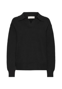 Juodas megztinis su V formos iškirpte ir apykakle. Turintis ilgus rankovės ir raukšlėtus manžetus bei apatinę dalį. Pagamintas iš minkštos, tekstūruotos medžiagos.