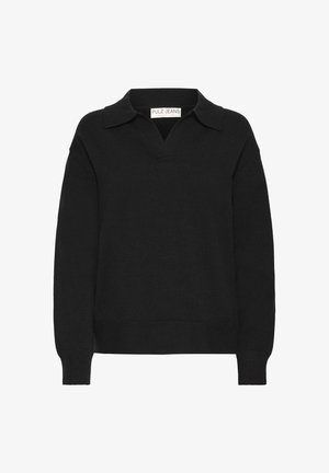 Zwarte gebreide trui met een v-hals en kraag. Heeft lange mouwen en ribbelmanchetten en onderkant. Gemaakt van een zachte, gestructureerde stof.