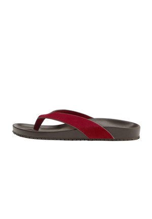 Single brown flip-flop sandal with wide red fabric strap, textured sole, and cushioned footbed, shown from side on white background.