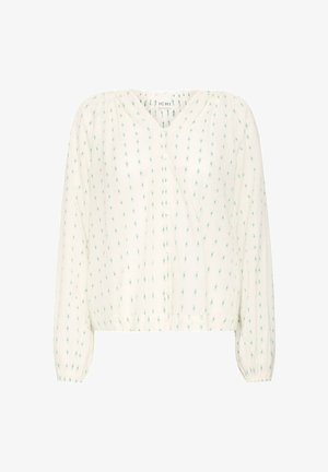 Bluza albă cu mâneci lungi, cu mic model floral verde, nasturi în față, decolteu în V, umeri adunați și manșete elastice.