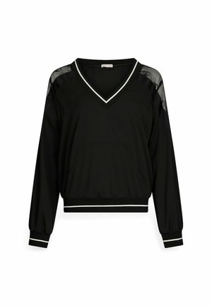 Pull noir à col en V fabriqué en tissu doux, avec des manches transparentes et une poche avant, avec des accents côtelés blancs au niveau de l'encolure et de l'ourlet.
