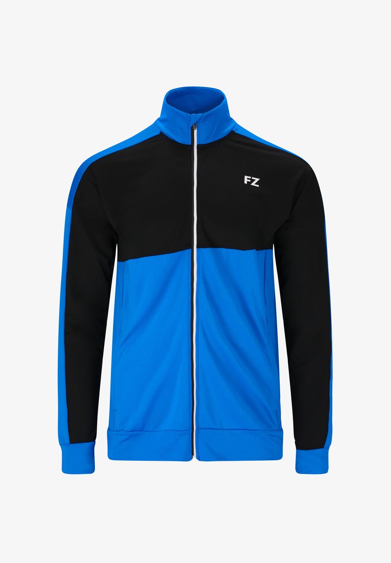 Idrottslig zip-up jacka med en svart övre panel och ljusblå nedre del, tillverkad av ett mjukt, andningsbart tyg med en vit dragkedja.