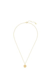 Náhrdelník v zlatej farbe s jemným reťazcom a okrúhlym príveskom s detailným vyhotovením. Jednoduchý zacvakávací uzáver s nastaviteľnou dĺžkou.