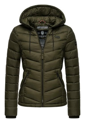 Olivengrøn polstret damesjakke med hætte, frontlynlås, to lynlåslommer og logo-patches på bryst og ærme.