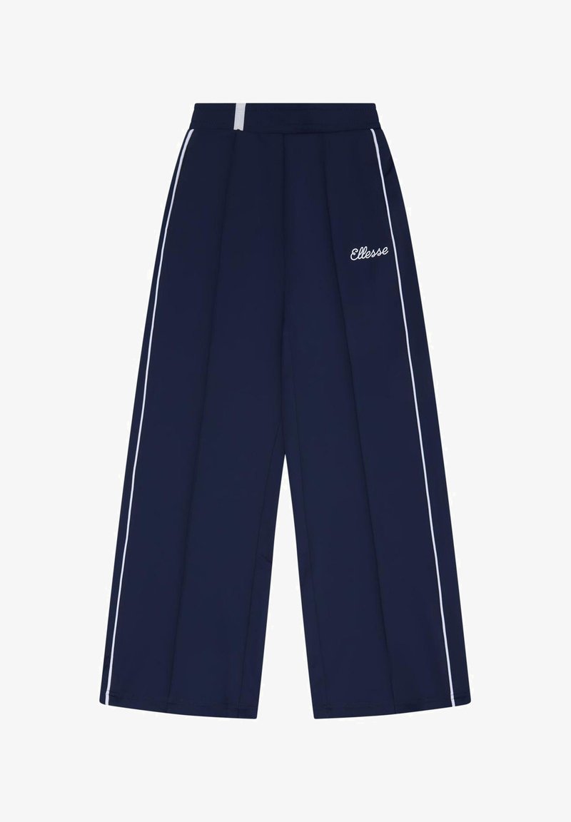 Μπλε ναυτικό παντελόνι με φαρδιά μπατζάκια, λευκές ρίγες στο πλάι, ελαστική μέση και λογότυπο "Ellesse" στο πάνω μέρος του μηρού.