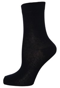 Schwarze Knöchelsocke, hergestellt aus einem glatten, leichten Material. Verfügt über einen gerippten Bund und eine verstärkte Ferse für zusätzliche Haltbarkeit.