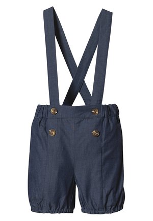 Granatowe szorty dla malucha z elastycznymi zakończeniami nogawek i skrzyżowanymi szelkami przymocowanymi czterema brązowymi guzikami na przednim pasie.