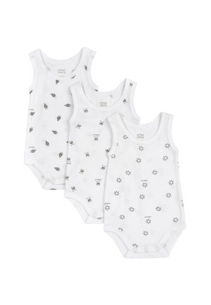 Trois bodys en coton blanc sans manches avec des motifs de dessins animés noirs, incluant des insectes et des soleils, dotés de pressions en bas.