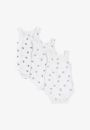 Trois bodys en coton blanc sans manches avec des motifs de dessins animés noirs, incluant des insectes et des soleils, dotés de pressions en bas.