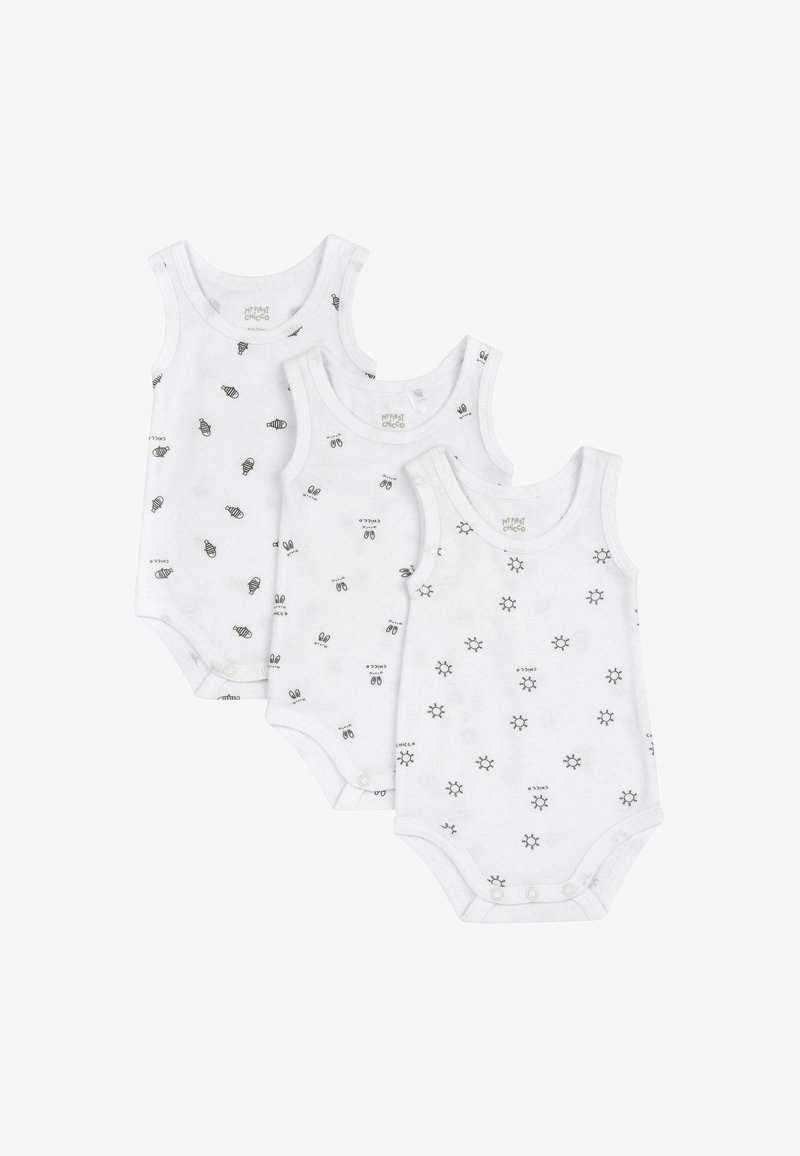 Trois bodys en coton blanc sans manches avec des motifs de dessins animés noirs, incluant des insectes et des soleils, dotés de pressions en bas.