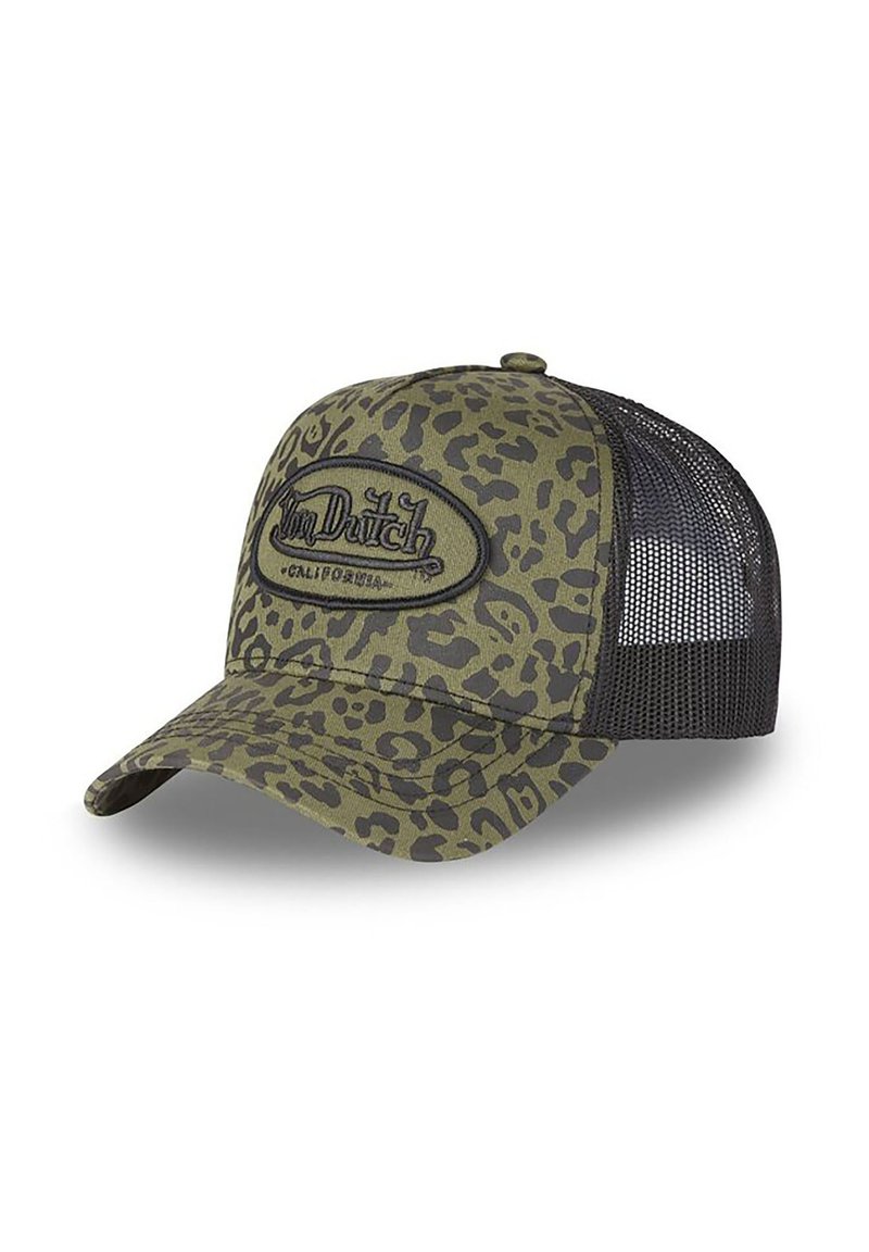 Casquette trucker à imprimé léopard vert olive et noir, avec un dos en maille noire et un patch brodé "Von Dutch California" à l'avant.
