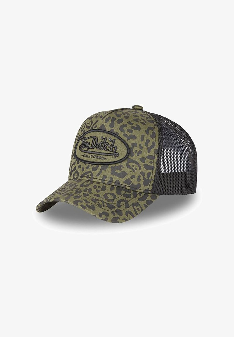 Casquette trucker à imprimé léopard vert olive et noir, avec un dos en maille noire et un patch brodé "Von Dutch California" à l'avant.