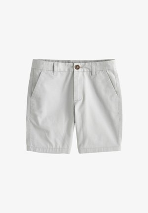 Lichtgrijze shorts met een rechte voorkant, twee zijzakken en een enkele bruine knoopsluiting. Gemaakt van een gladde stof met een getailleerde pasvorm.