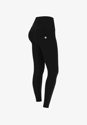 Mustat korkeavyötäröiset legginsit, joissa on sileä pinta, erottuva takatasku ja minimaalinen brändäys sivussa.