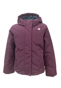 Giacca isolante bordeaux con cappuccio, tasche laterali e una morbida fodera interna. Presenta un piccolo logo nella zona del petto.