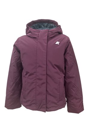 Giacca isolante bordeaux con cappuccio, tasche laterali e una morbida fodera interna. Presenta un piccolo logo nella zona del petto.