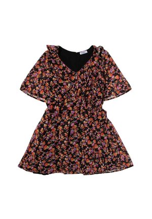 Abito floreale con sfondo nero decorato con fiori arancioni, viola e rosa. Maniche di lunghezza media, scollo a V e dettagli di vita arricciata.