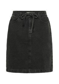 Jupe en denim noir en forme A avec une taille à cordon de serrage, présentant deux poches avant et un ourlet épur�é. Le matériau a une texture en denim classique.