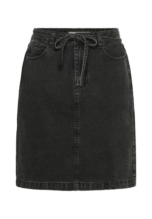 Zwarte denim A-lijn rok met een trekkoord in de taille, voorzien van twee voorzakken en een schone zoom. Materiaal heeft een klassieke denim textuur.
