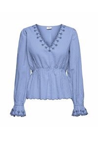 Blouse à rayures bleues avec des manches longues, un décolleté en V, des broderies florales, une taille élastique et des accents en forme de scallop au bas et aux manches.