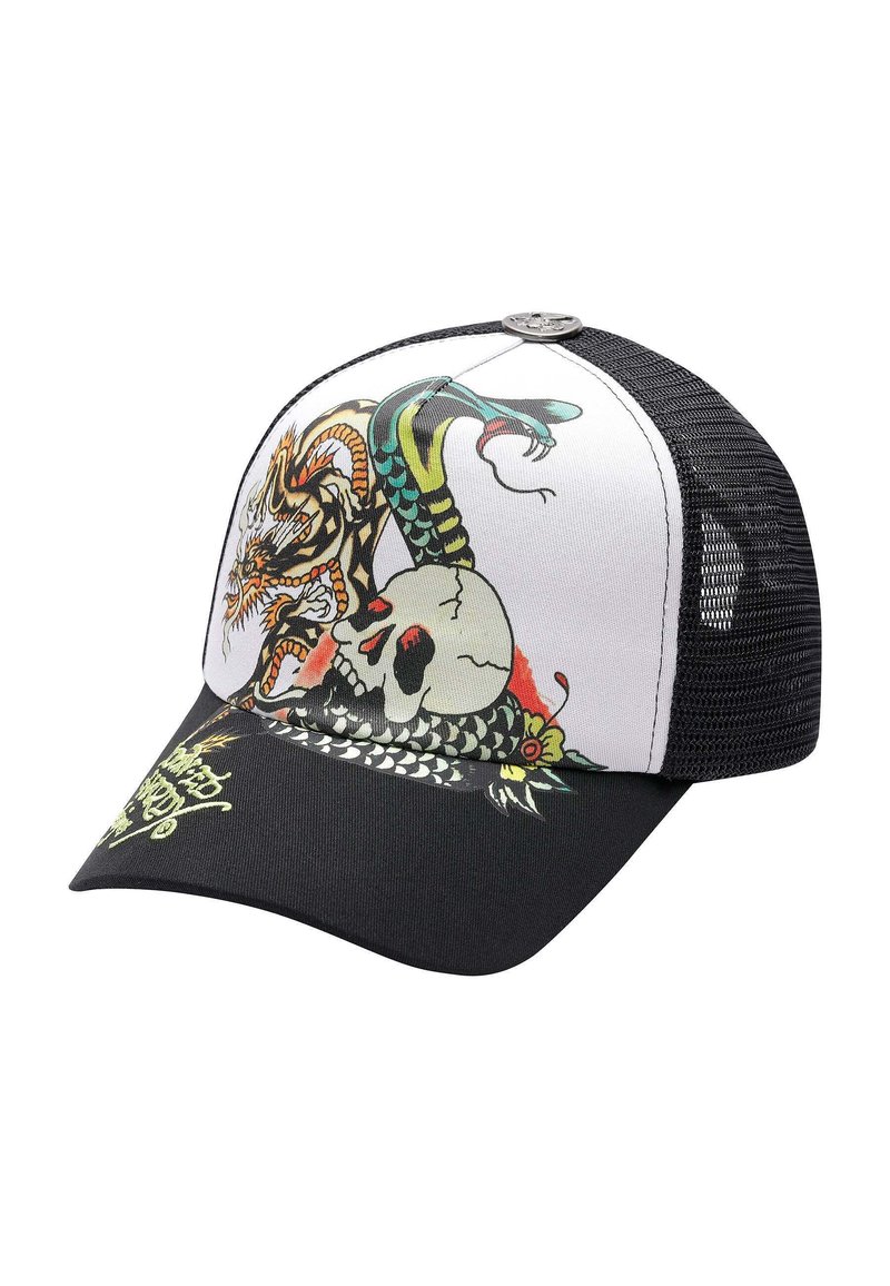 Sort og hvid mesh trucker cap med et grafisk design af en drage og et kranium i livlige farver. Bøjet skygge og justerbar snapback.