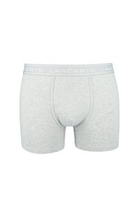 Szare bawełniane bokserki o dopasowanym kroju, z miękkim elastycznym pasem w talii z napisem "LANCERTO" w jasnoszarym kolorze.