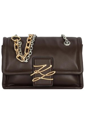 Dark brown leather shoulder bag with gold and silver chain strap and gold interlocking initials on front flap closure.