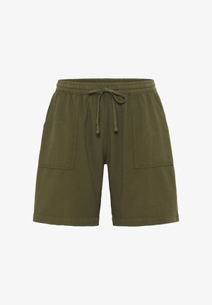 Legere Shorts in Olivgrün mit elastischem Bund, Kordelzug und zwei großen aufgesetzten Vordertaschen, dargestellt vor weißem Hintergrund.