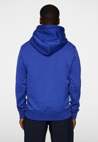 Felpa blu reale con un ampio cappuccio regolabile, polsini e orlo a costine. Tessuto dalla texture liscia; design minimalista, senza motivi o loghi visibili.