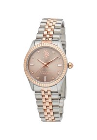 Orologio da polso in metallo con tonalità argento e oro rosa. Il quadrante rotondo presenta un quadrante oro rosa con accenti di diamante e una ghiera testurizzata.