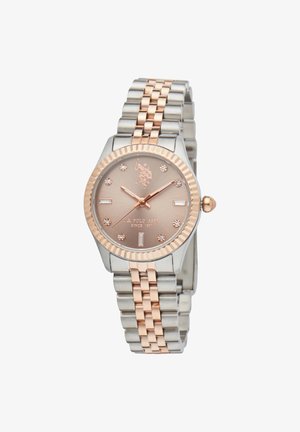 Metal wristwatch with a silver and rose gold tone. Round face features a rose gold dial with diamond accents and a textured bezel.