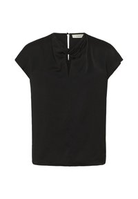 Blusa nera a maniche corte con dettaglio a nodo arricciato al collo rotondo e una piccola apertura a forma di chiave sotto il nodo.