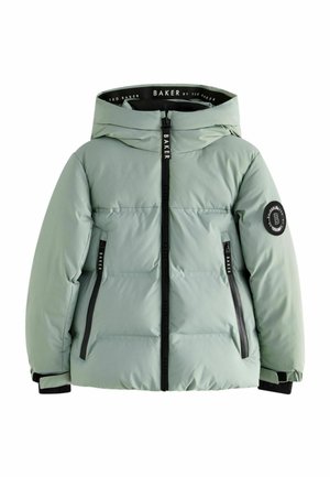 Veste mint verte rembourrée avec capuche, fermeture éclair frontale, accents noirs et poches latérales. Présente un écusson circulaire sur la manche gauche.