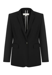 Blazer noir au design ajusté, fermeture à un bouton et deux poches avant. Fabriqué en tissu lisse avec un col à revers classique.