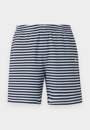 Pantalones cortos a rayas horizontales en azul y negro con cinturilla elástica y pequeño logo bordado en rosa en el lado derecho.