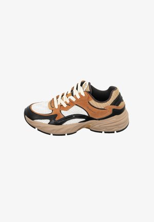 Sneaker featuring a white mesh upper with brown and black synthetic accents, round toe, contrasting laces, and a thick beige sole.